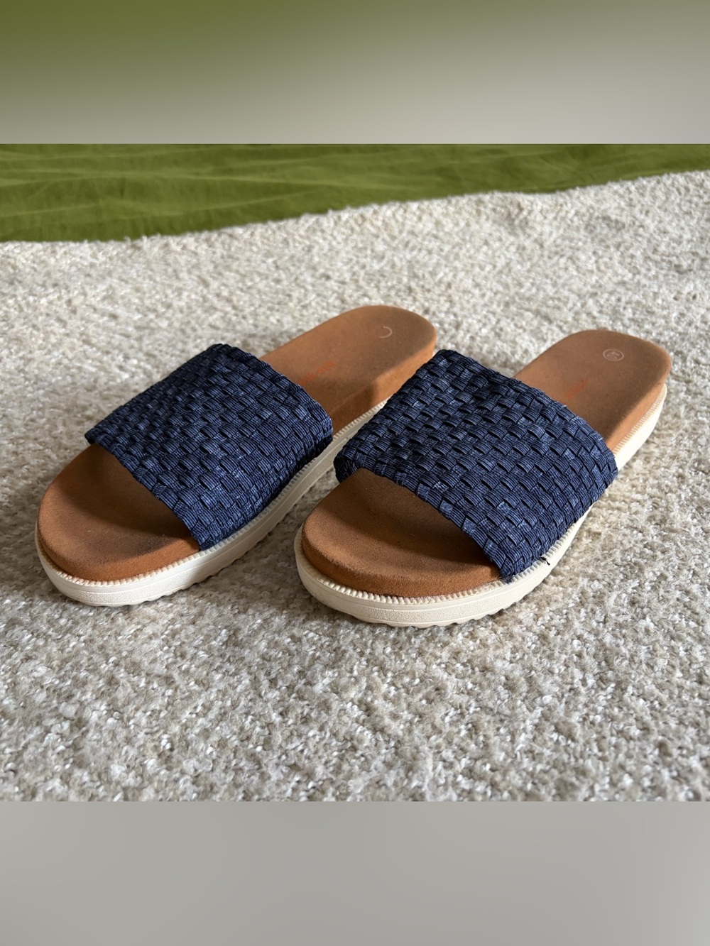Navy Woven Slide Sandals with Brown Footbed